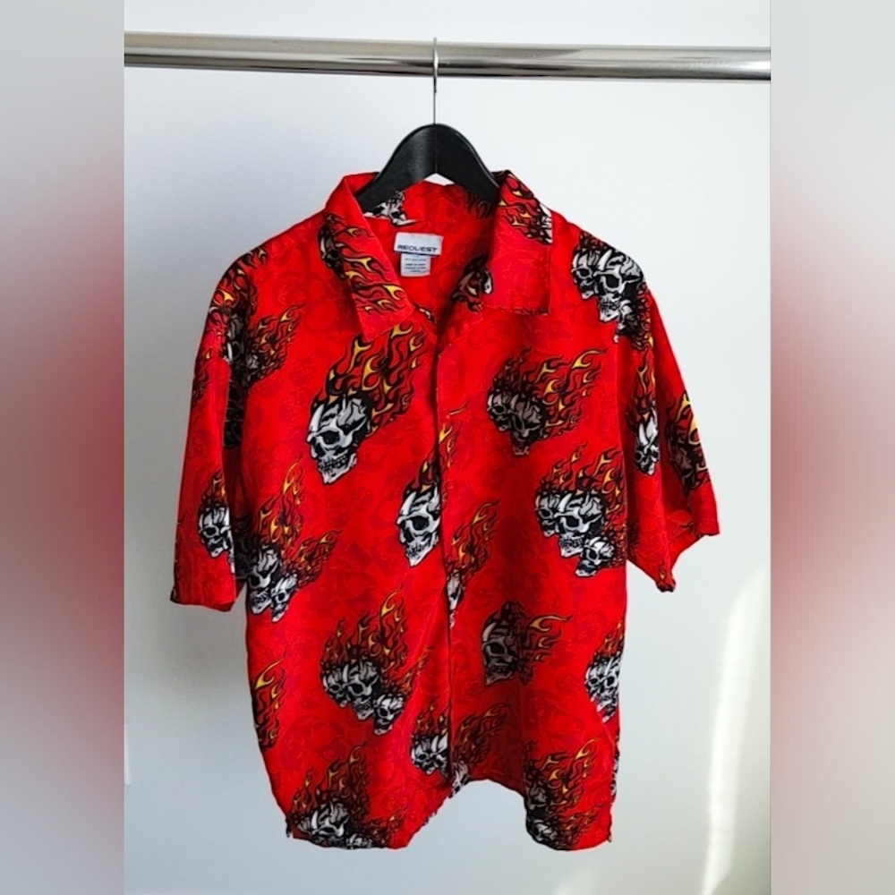Y2K Skull All Over Print Button Up Shirt Large Black White AOP Grunge Goth